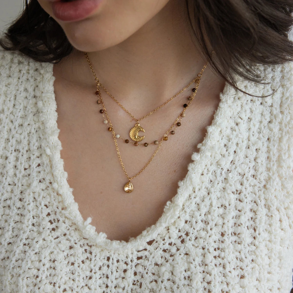 KIKA Natural Stone Beads Moon Water Drop Pendant Necklace For Women 18K Gold Plated Stainless Steel 316L