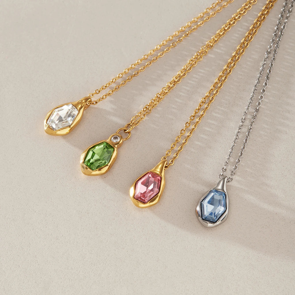 KIKA Elegant Glass Stone Pendant Necklace PVD Gold Plated Stainless Steel 316Lft