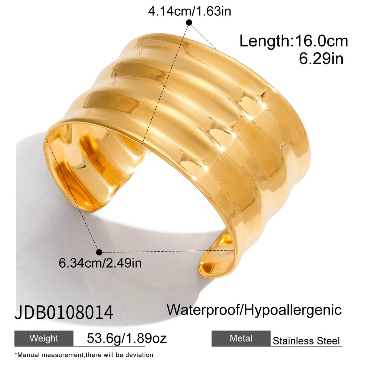KIKA Unique Stainless Steel 316L Metal Wide Cuff Open Bracelet Bangle  PVD Plated Waterproof