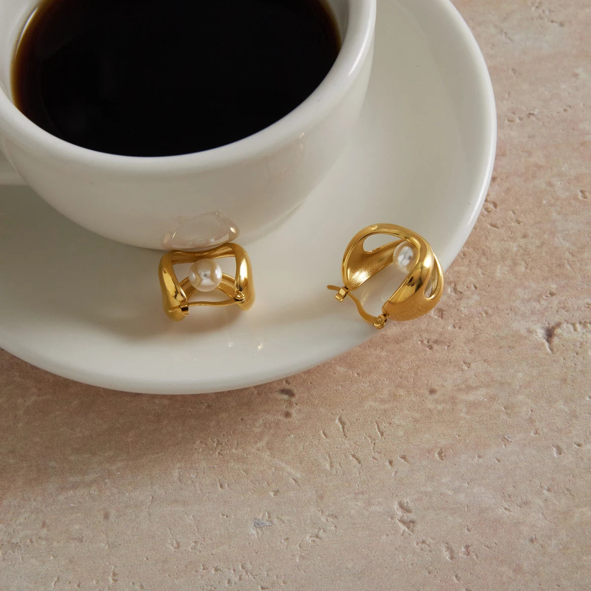 KIKA Elegant Imitation Pearl Hollow Clip Earrings 18K Gold PVD Plated Stainless Steel316L