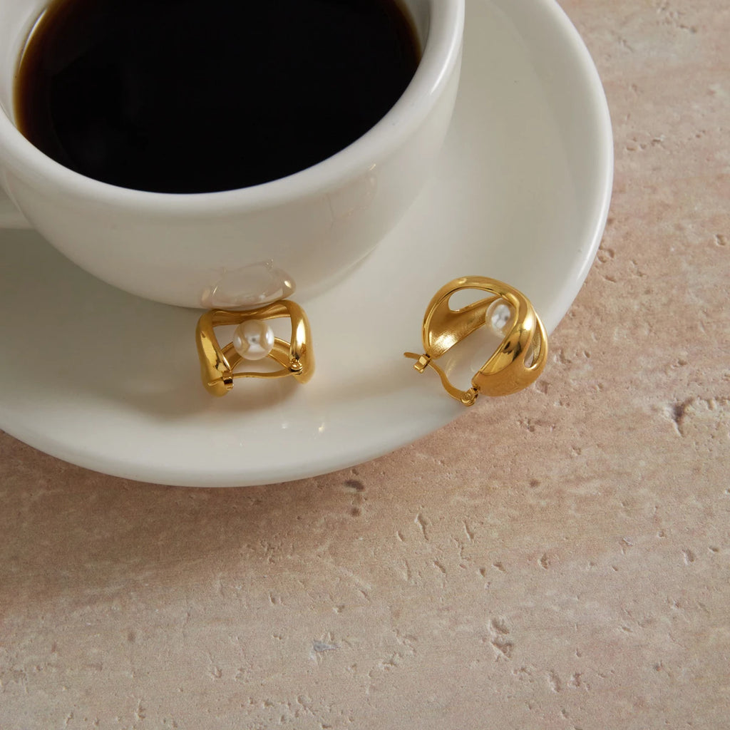 KIKA Elegant Imitation Pearl Hollow Clip Earrings 18K Gold PVD Plated Stainless Steel316L