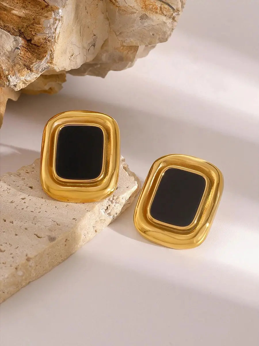 Black Stone Earrings Statement Golden Metal
