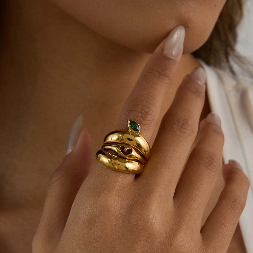 KIKA Fashion Independent Designer's 18K Gold Color Plated Stainless Steel Apple Hammer Pattern Stackable Ring Women's Jewelry