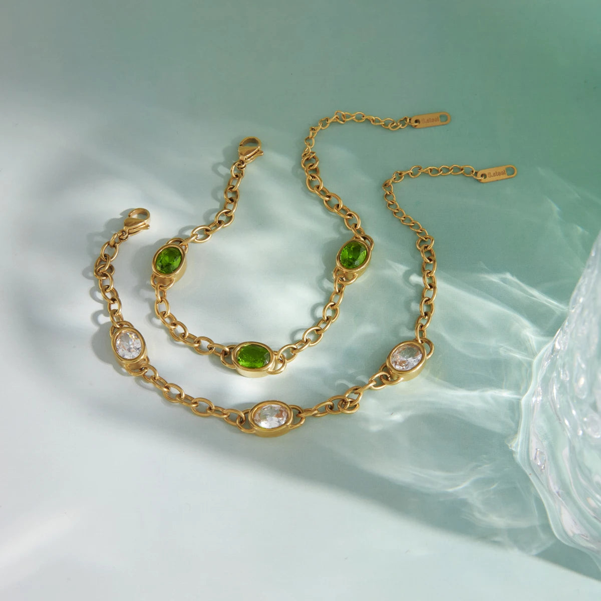 KIKA Delicate Green White Egg Shaped Zircon Cross Chain Bracelet Stainless Steel316L