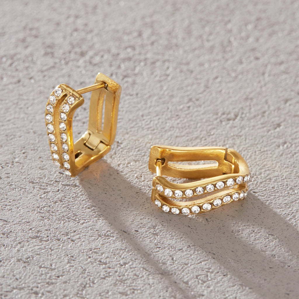 Kika Classic Crystal U Shape Clip Earrings For Women Minimalist 18K Gold PVD Plated Stainless Steel