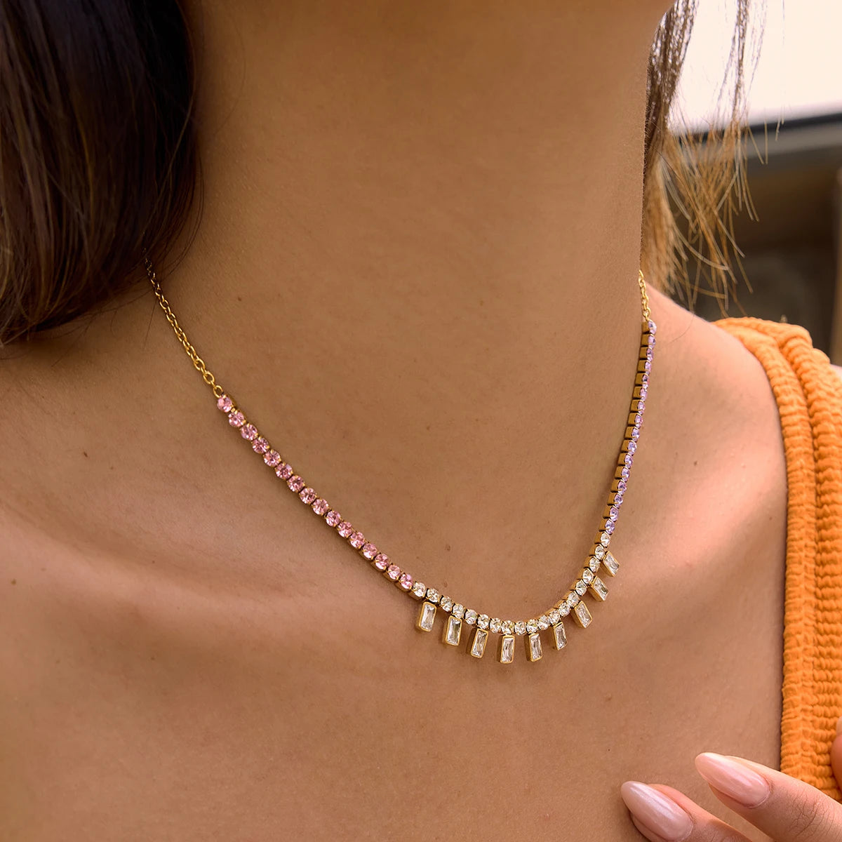 Kika Delicate Square Colorful Zircons Chain Necklace