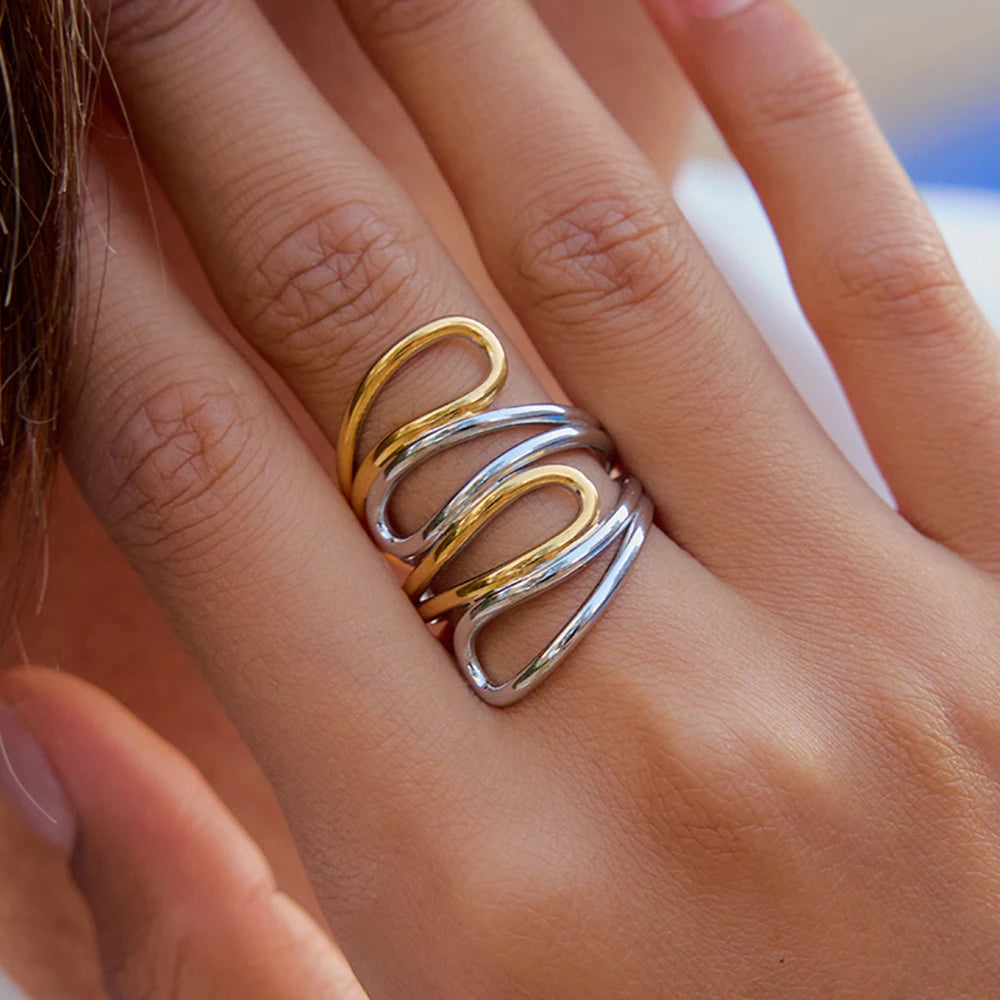KIKA Minimalist Two tone Multi layer Hollow Line Ring Stainless Steel 316L