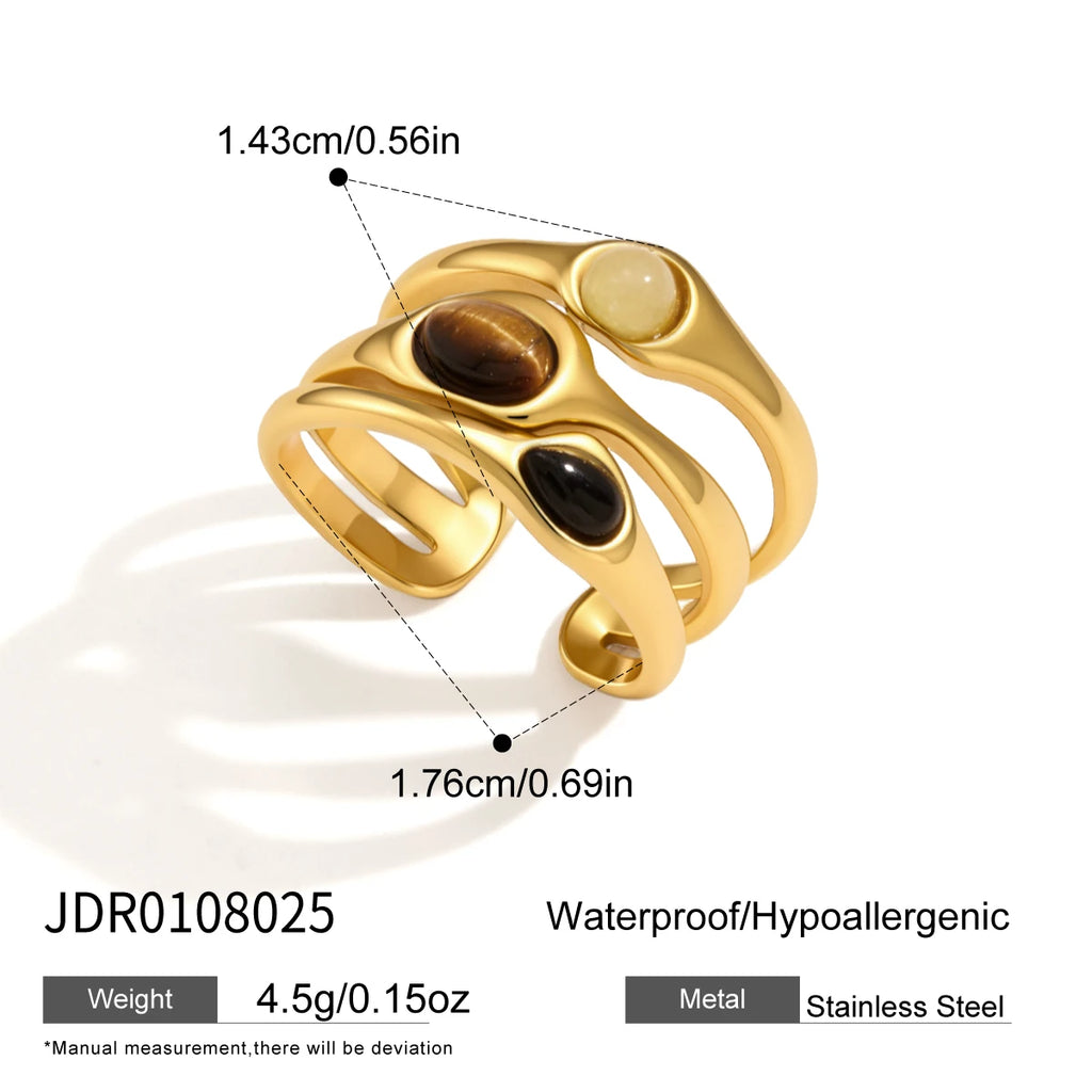 KIKA Vintage Black Agate Tiger Eye Natural Stone Open Rings For Women 18K Gold Plated Stainless Steel Rings Fashion Jewelry