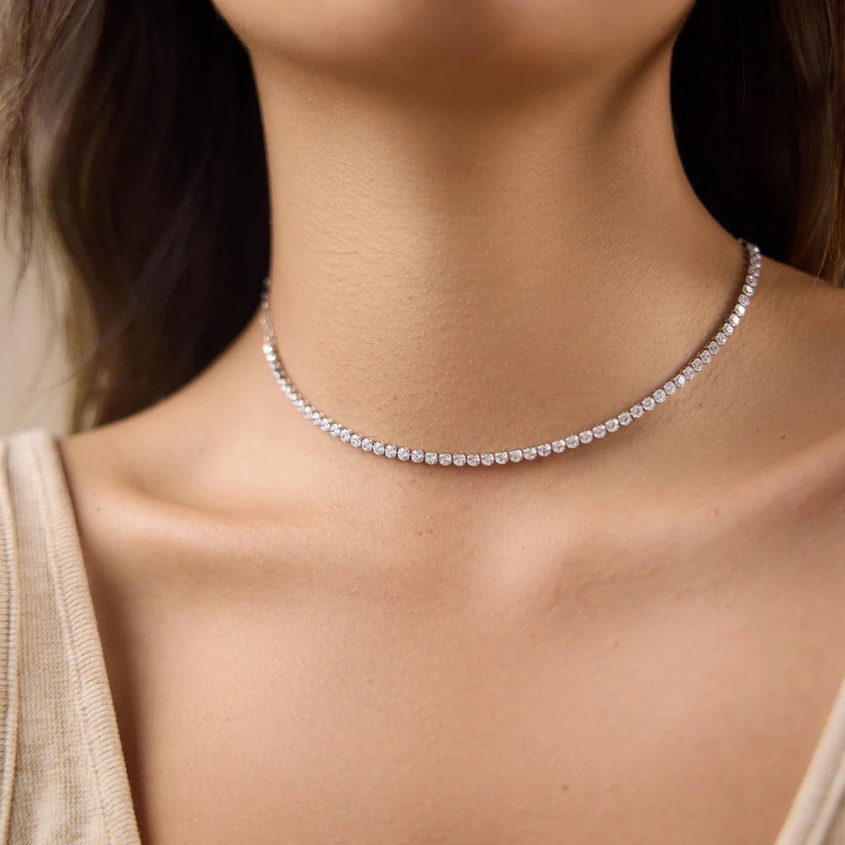 Kika Delicate Steel Color Paperclip Chain With White Zirconia Necklaces