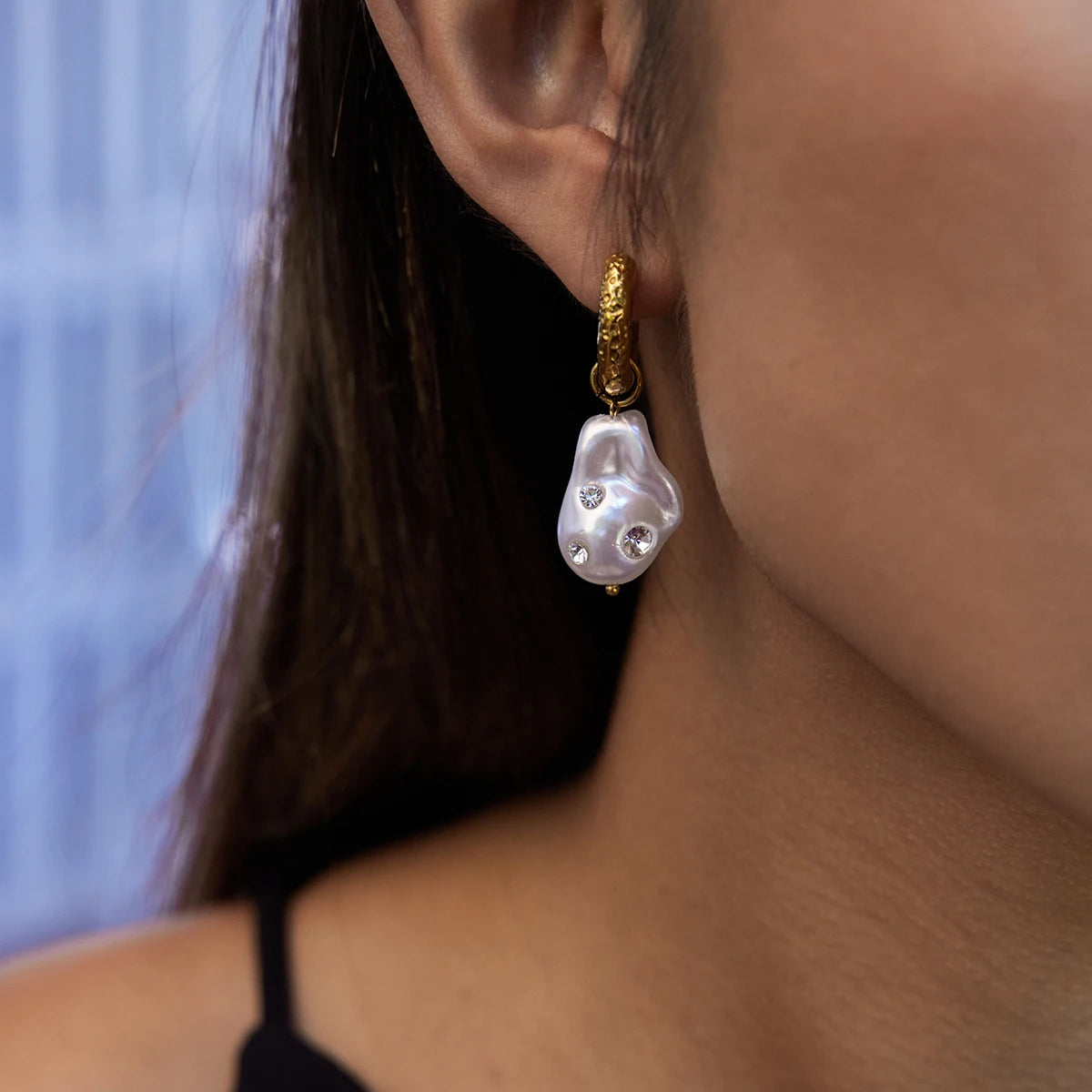 KIKA Vintage White Zircon Shaped Pearl Pendant Earrings 18K Gold Color PVD  Plated Stainless Steel 316L Waterproof