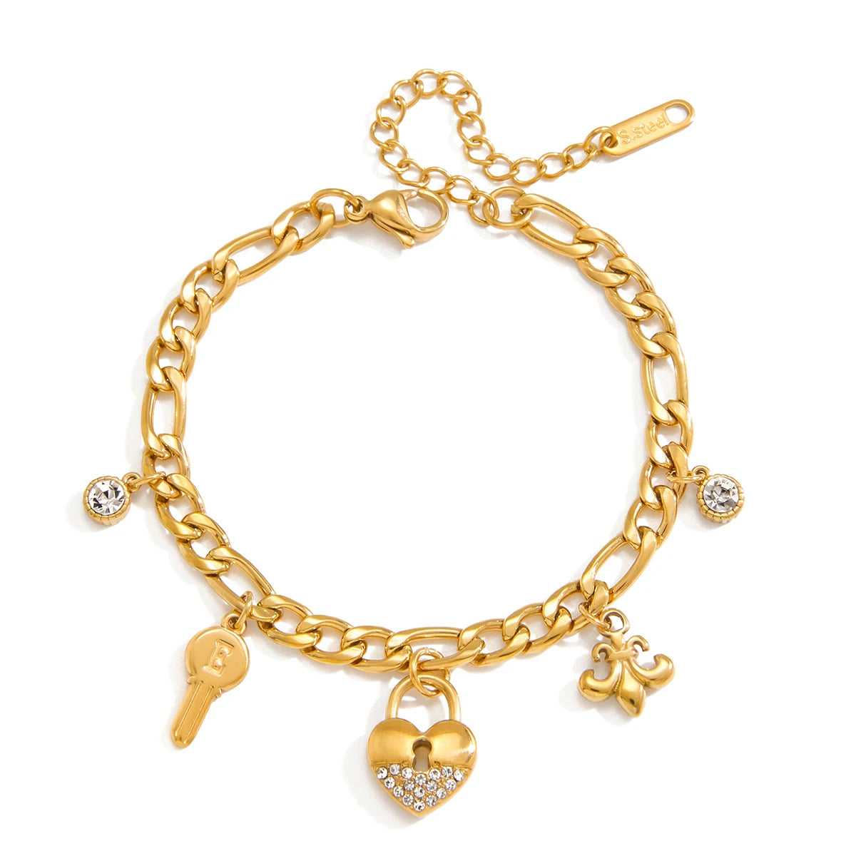 Kika White Rhinestone Star Heart-Shaped Hollow Lock Moon Pendant Bracelet