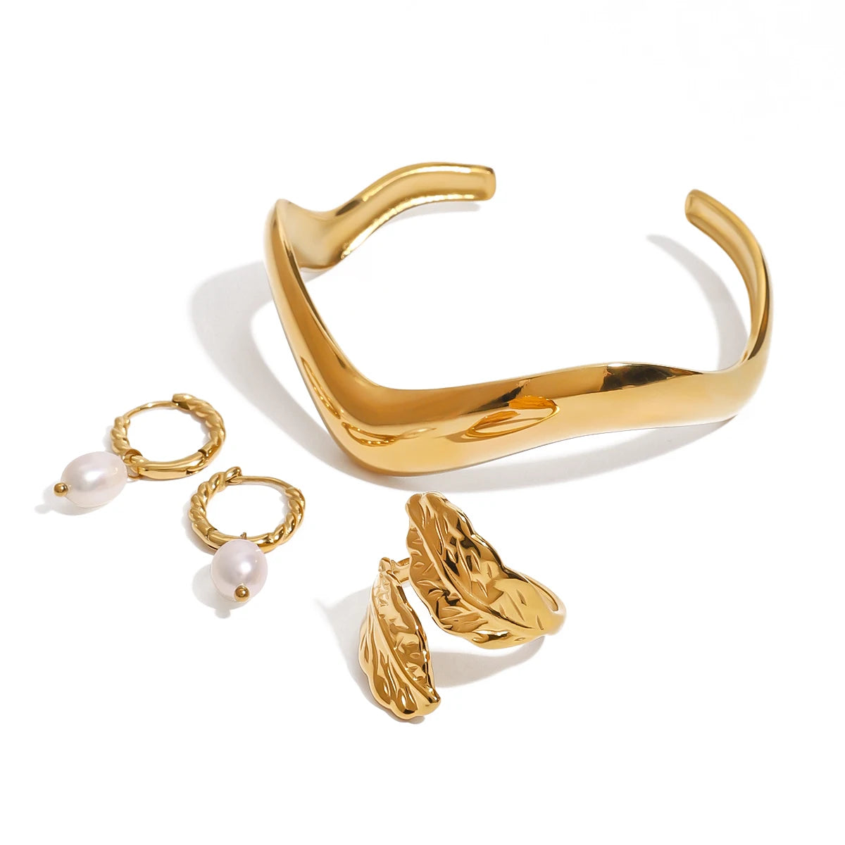 Kika Exquisite 4pcs Pearl Earrings Leaf Rings Irregular Bracelets Women's Set