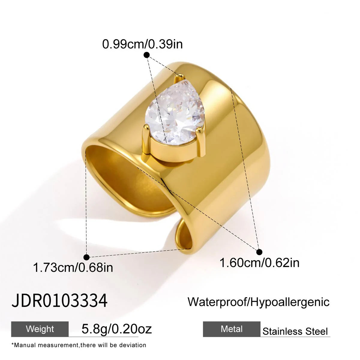 KIKA Pear CZ Gradient Wide Open Adjustable Ring PVD Plated Stainless Steel Hypoallergenic