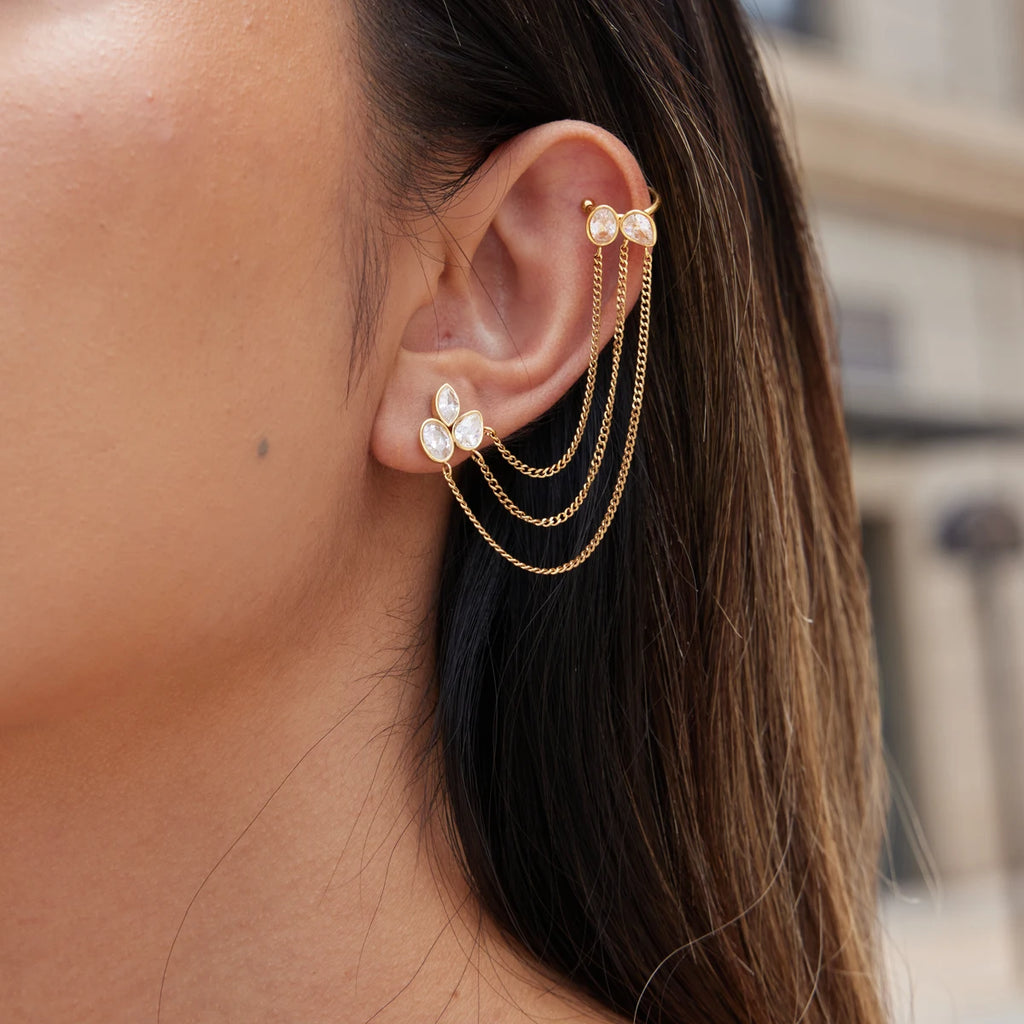 Kika 1 PC Geometric Zircon Chains Tassel Earring Gold PVD Plated Stainless Steel 316L