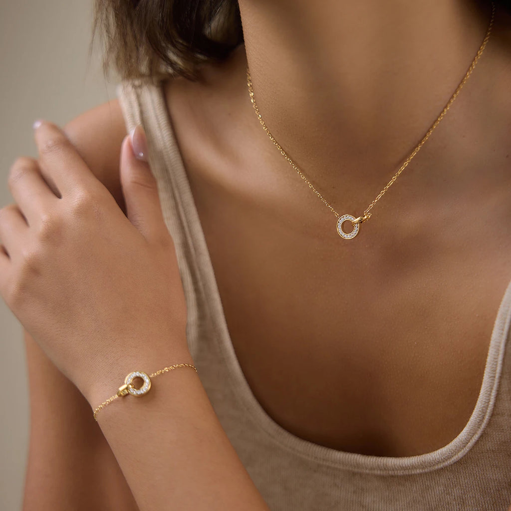 Kika Delicate White Zircon Double Ring Interlocking Pendant With O-Chain Necklace