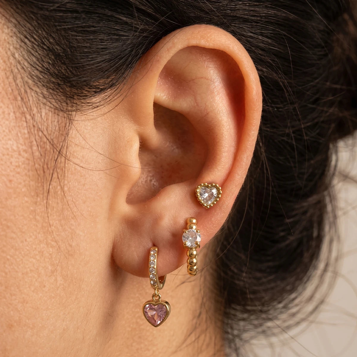 Kika 3 Pcs/Set Heart Zircon Earrings 18K Gold PVD Plated Stainless Steel 316L
