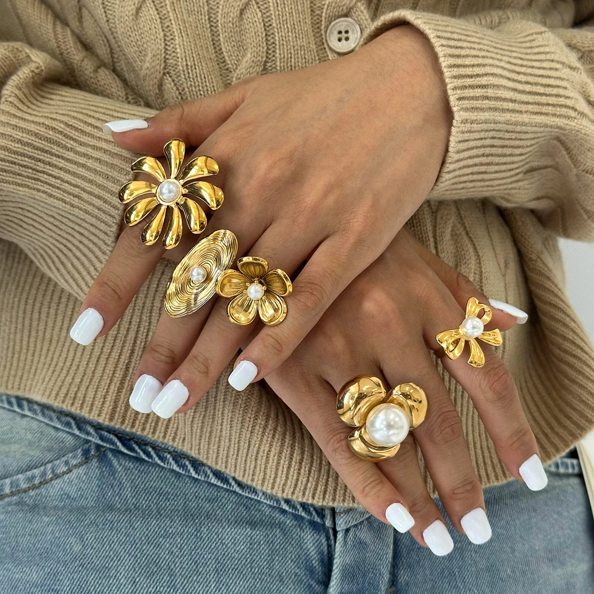 Kika Fashion Gold Color And Silver Color Flower Pearl Ring