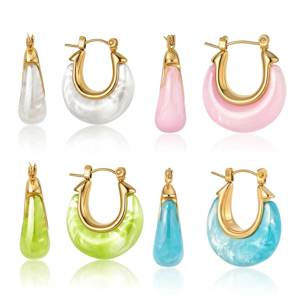 Kika Delicate Summer Blue Pink Colorful Resin Chubby U-Shaped Earrings