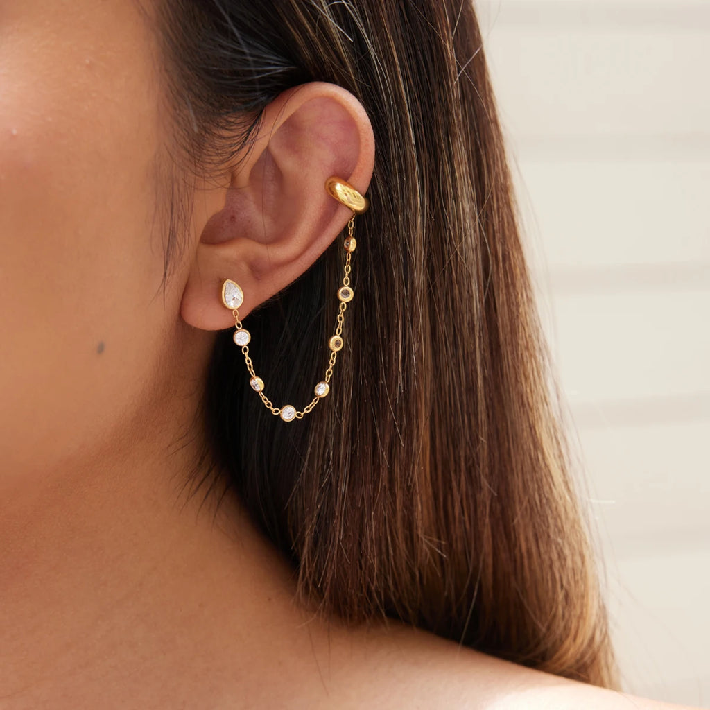 Kika 1 PC Delicate Zircon Chains Tassel Earring Gold PVD Plated Stainless Steel 316L