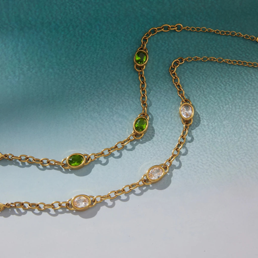 KIKA Delicate Green White Egg Shaped Zircon Cross Chain Bracelet Stainless Steel316L