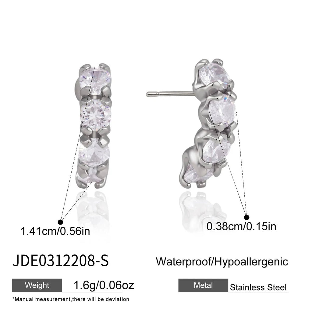 Kika Delicate Full Zircon C Shape Stud Earrings 18K Gold PVD Plated Stainless Steel 316L