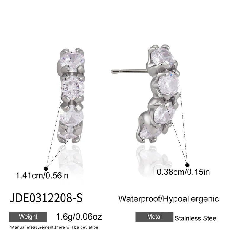 Kika Delicate Full Zircon C Shape Stud Earrings 18K Gold PVD Plated Stainless Steel 316L
