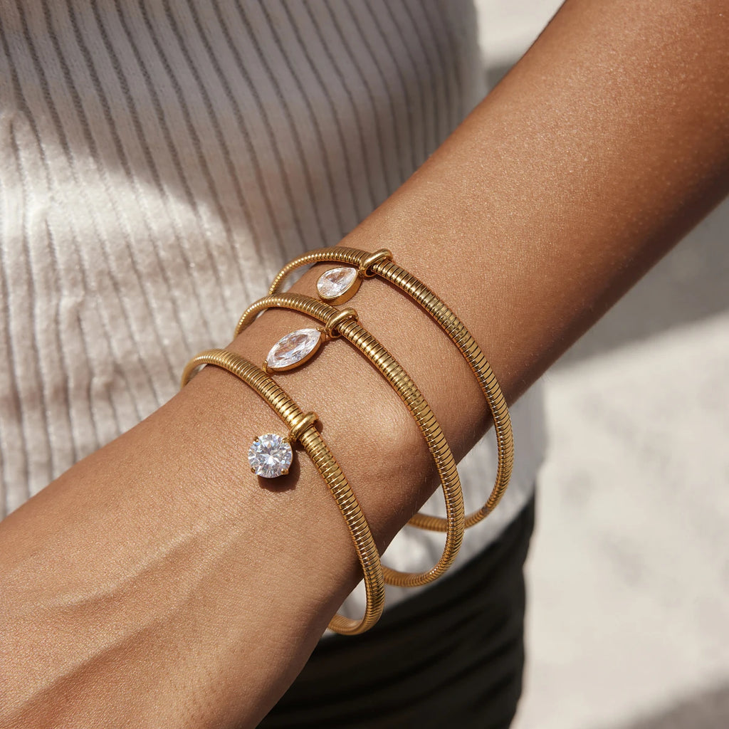 Kika Geometric Zircon Charm Snake Chain Bangle Minimalist 18K Gold PVD Plated Stainless Steel 316L