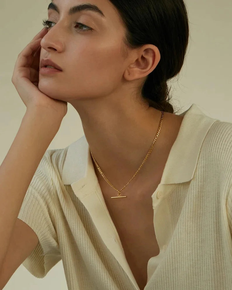 Kika New 18K Gold Color Plating Figaro Cuban Chain T-bar Pendant Necklace