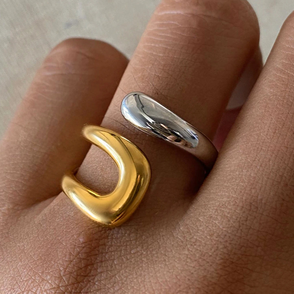 KIKA Stainless Steel Metal Waterproof 18K Gold Thaya Colorblock Cross Asymmetric Open Ring Trendy Jewelry Bagues Pour Femme
