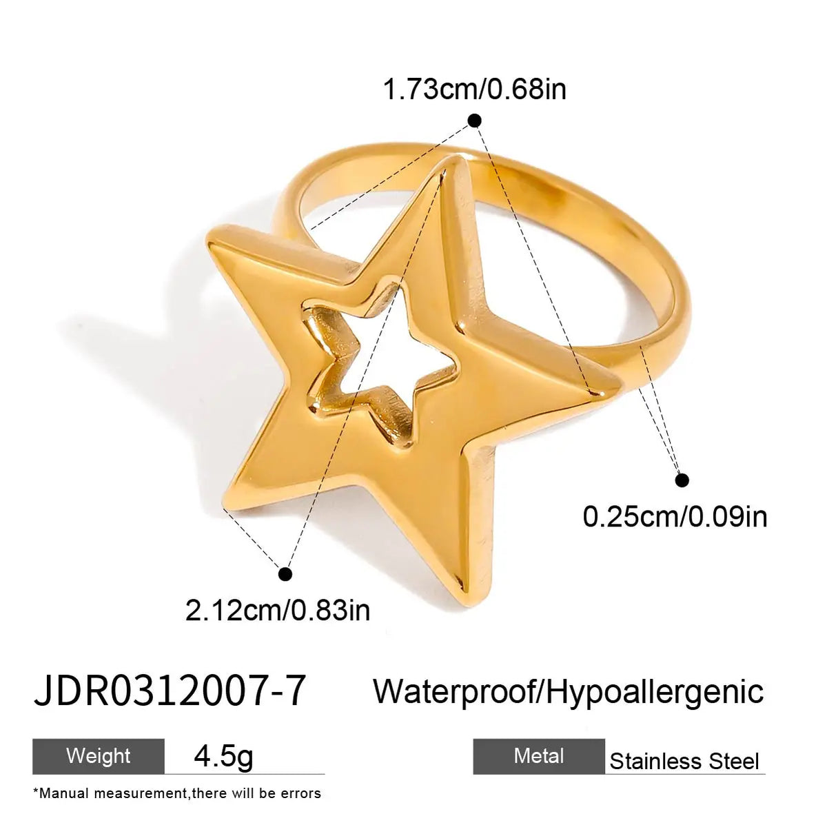 KIKA Unique Designer 18K Gold Color PVD  Plated Stainless Steel 316L Rhinestone Pentagram Rings Stackable