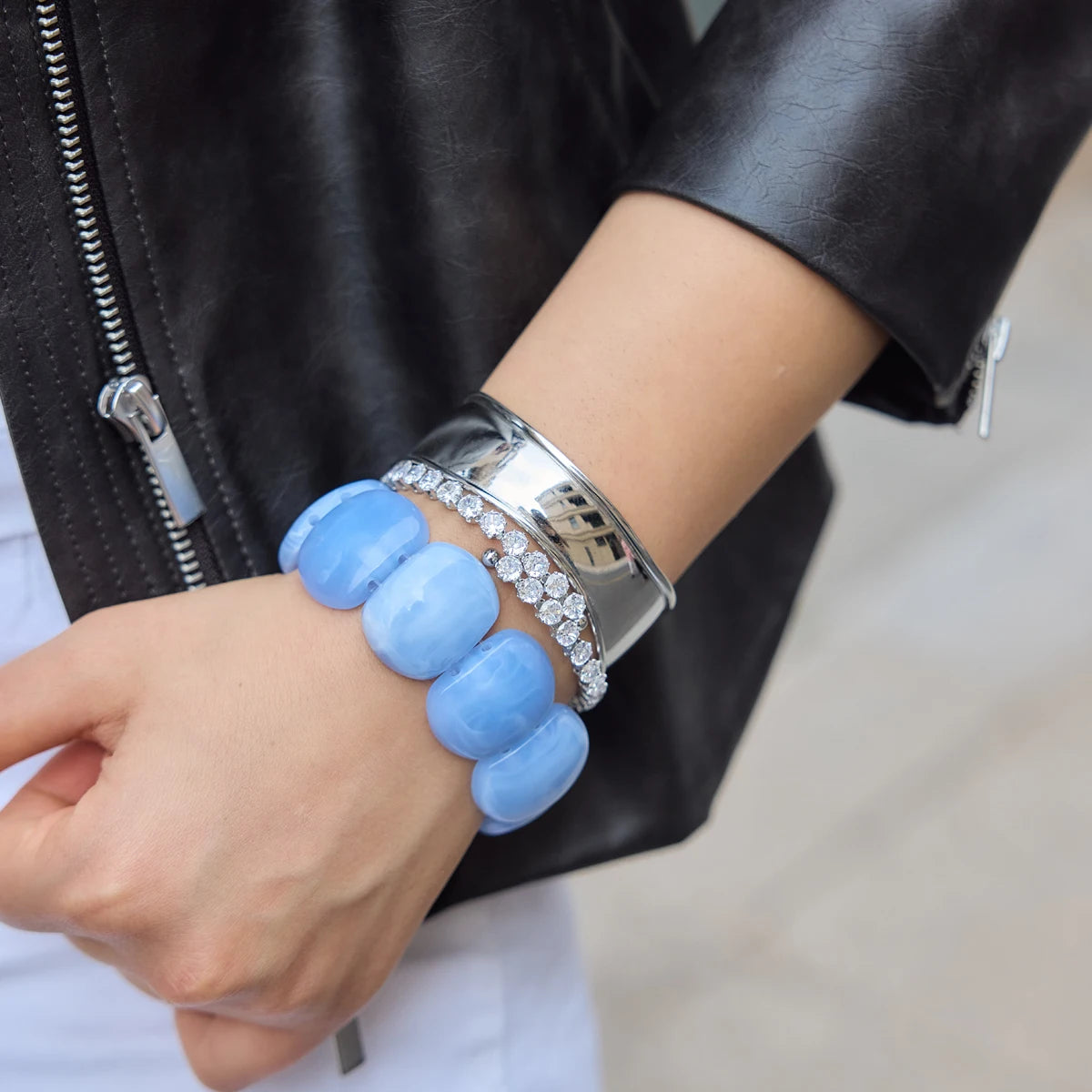 KIKA Vintage Blue Green Resin Wide Bangles Adjustable Elastic Bangles Simple