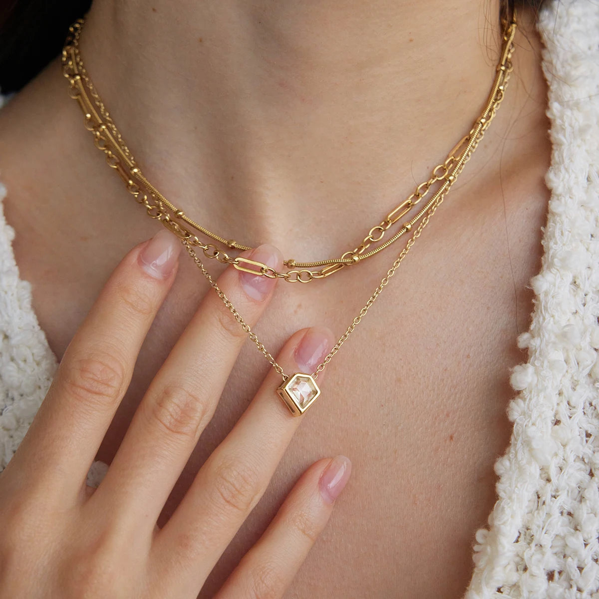 KIKA Classic Geometric Zircon Pendant Necklace PVD Gold Plated Stainless Steel 316L