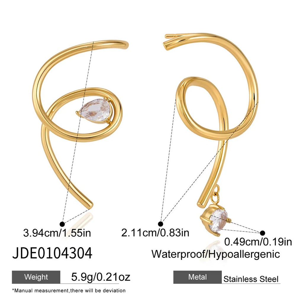 Kika Asymmetric Water Drop Round Zircon Spiral Stud Earrings