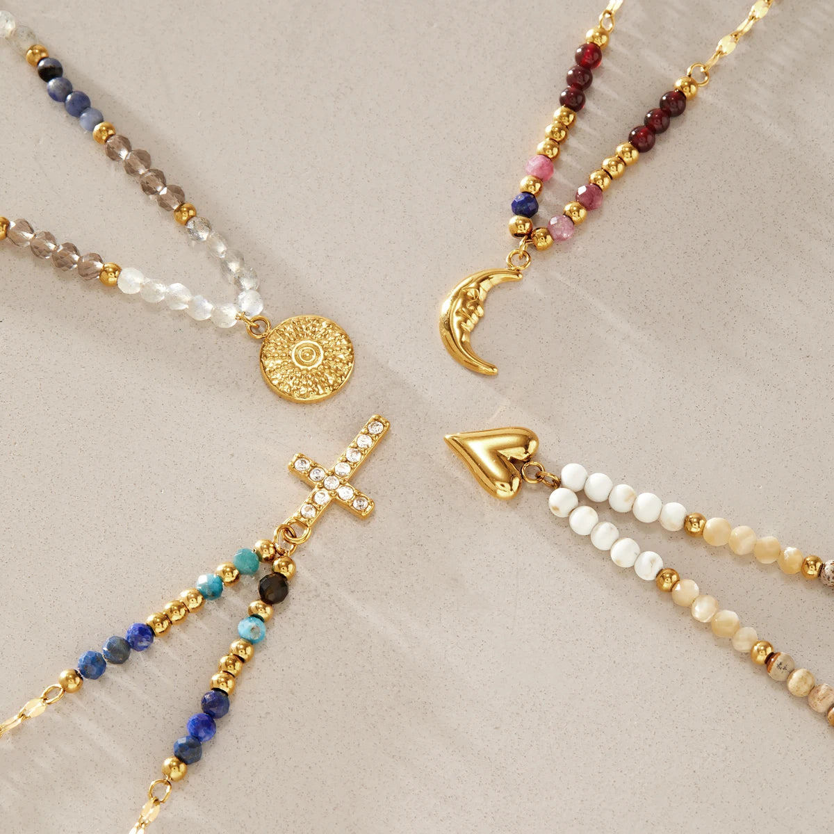 KIKA Natural Stone Beads Geometric Pendant Necklace For Women 18K Gold Plated Stainless Steel 316L