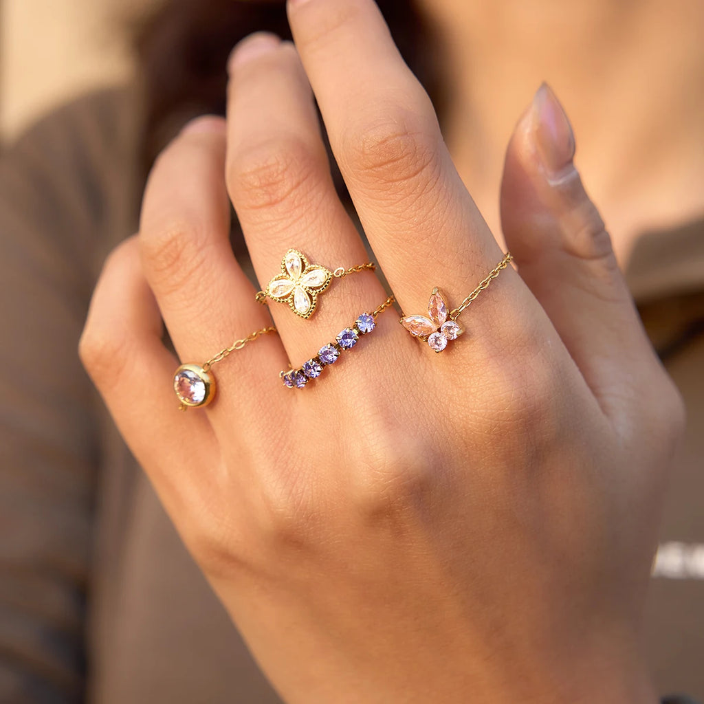 Geometric Colored Zircon Ring With Draw-Out Adjustable Design