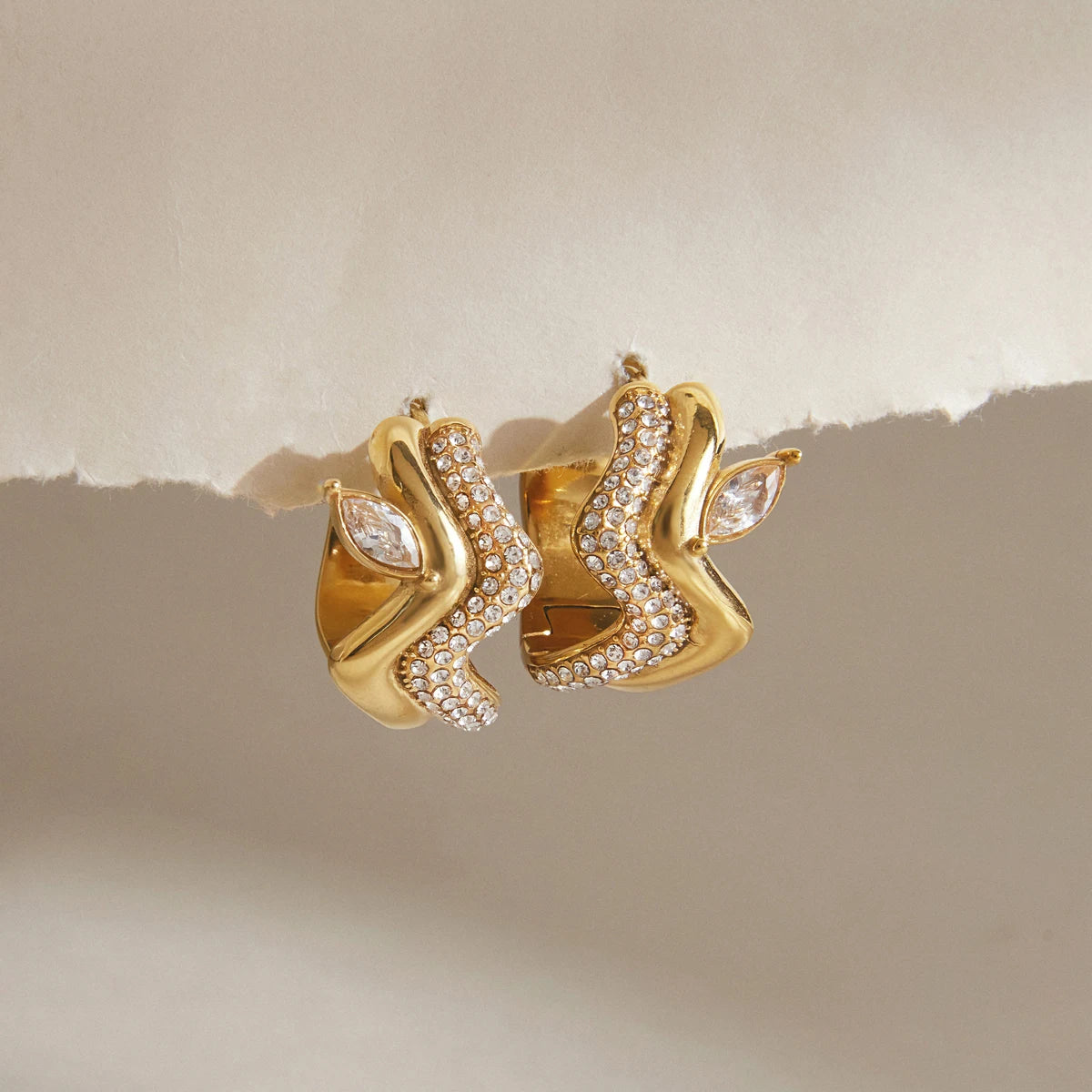 KIKA Horse Eye Shape Zircon Iced Out Wave Shape Clip Earrings PVD Plated Stainless Steel 316L