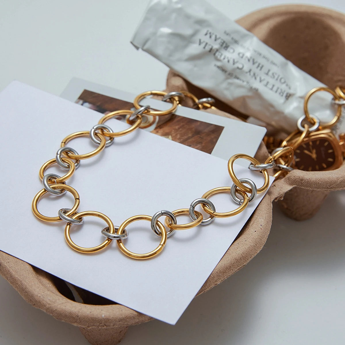 Kika Minimalist 18K Gold Color Stainless Steel Two tone Size Handmade Connection Ring Necklace