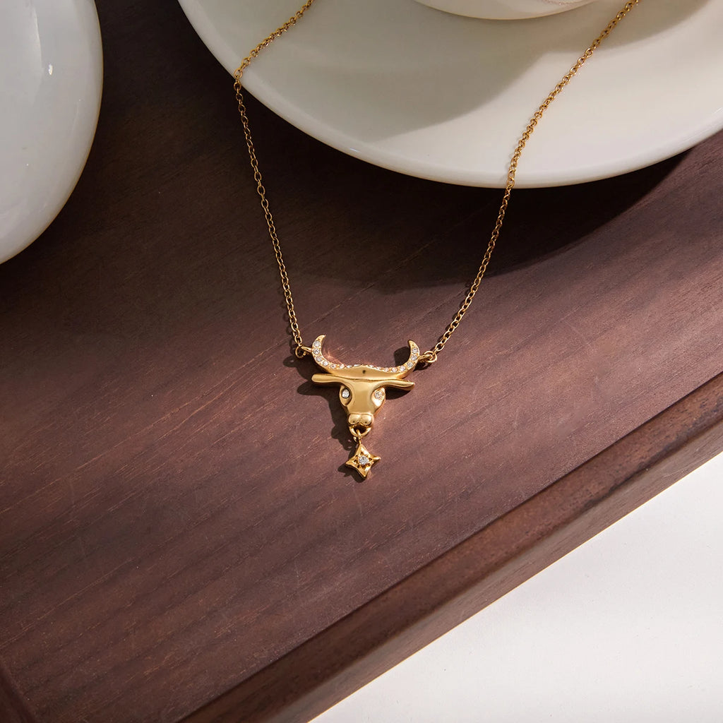 Classic Bull Head  Pendant With White Rhinestones O-Chain Necklace