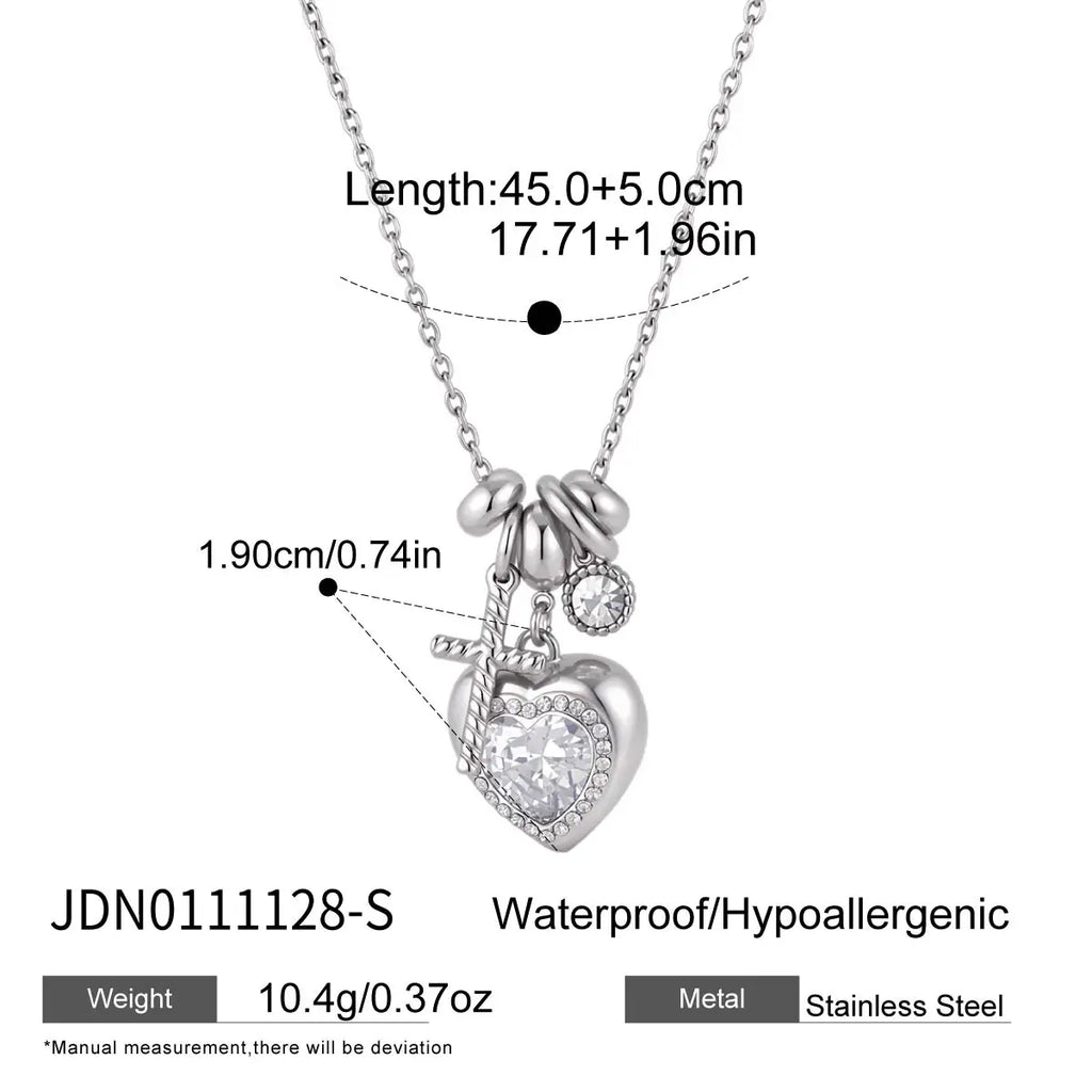 Kika Delicate Steel Color Cross Heart-Shaped Pendant With White Rhinestone Zircon O-Chain Necklace