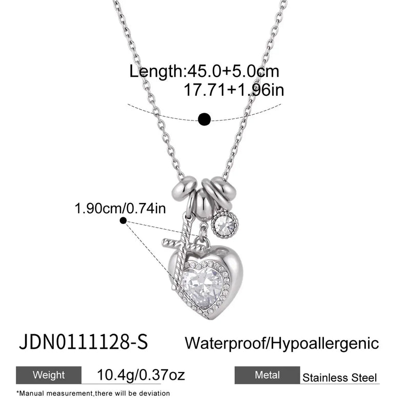Kika Delicate Steel Color Cross Heart-Shaped Pendant With White Rhinestone Zircon O-Chain Necklace