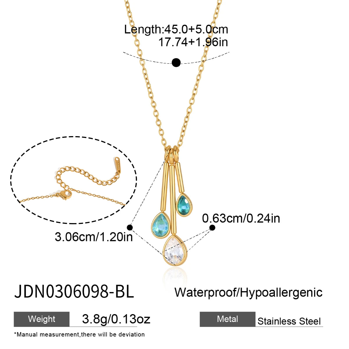 KIKA Water Drop Zircon Pendant Necklace PVD Plated Stainless Steel 316L