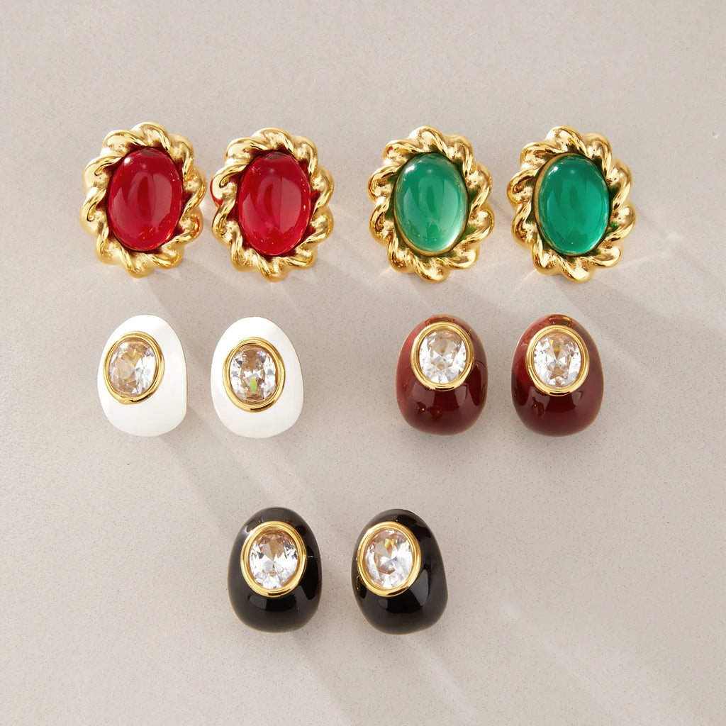 Kika White Zircon Multicolor Agate Stone Stud Earrings 18K Gold Plated Stainless Steel 316L