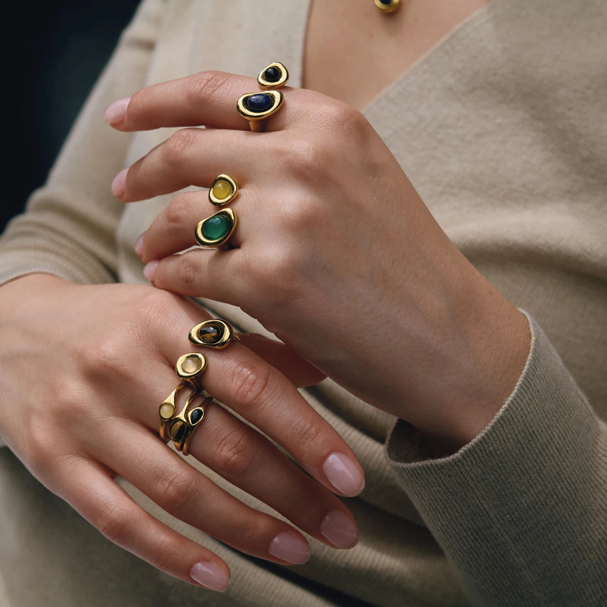 KIKA Vintage Black Agate Tiger Eye Natural Stone Open Rings For Women 18K Gold Plated Stainless Steel Rings Fashion Jewelry