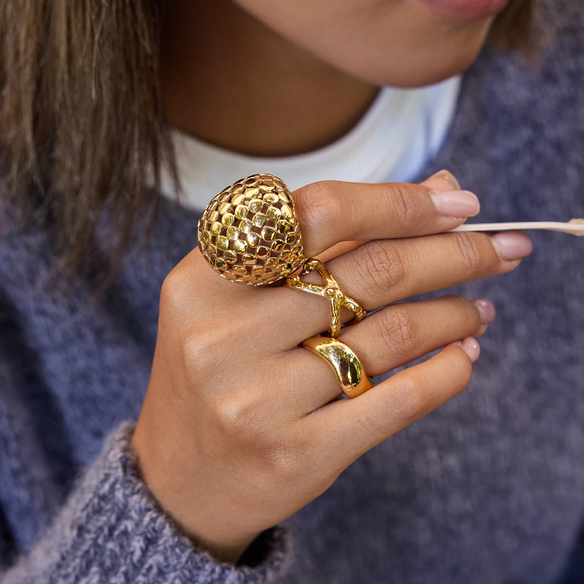 KIKA Unique Designer PVD Plated Mesh Hollow Spherical Exaggerated Rings Waterproof Stainless Steel 316L
