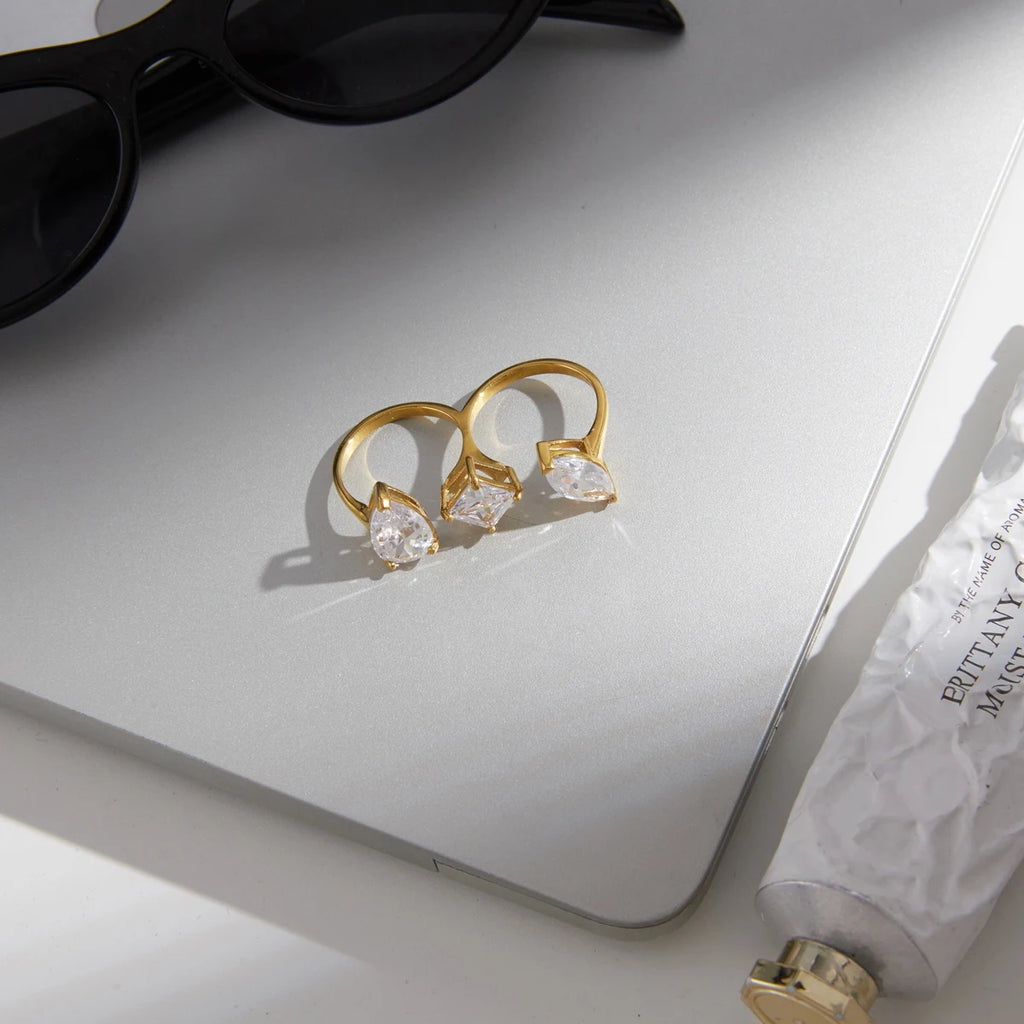 KIKA  Geometric Zircon Two Fingers Rings18K Gold PVD Plated Stainless Steel 316L
