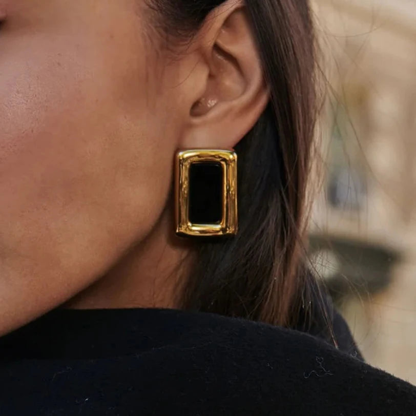 KIKA Vintage Gold Color Square Shape With Zircon Earring  PVD Plated Stainless Steel 316L