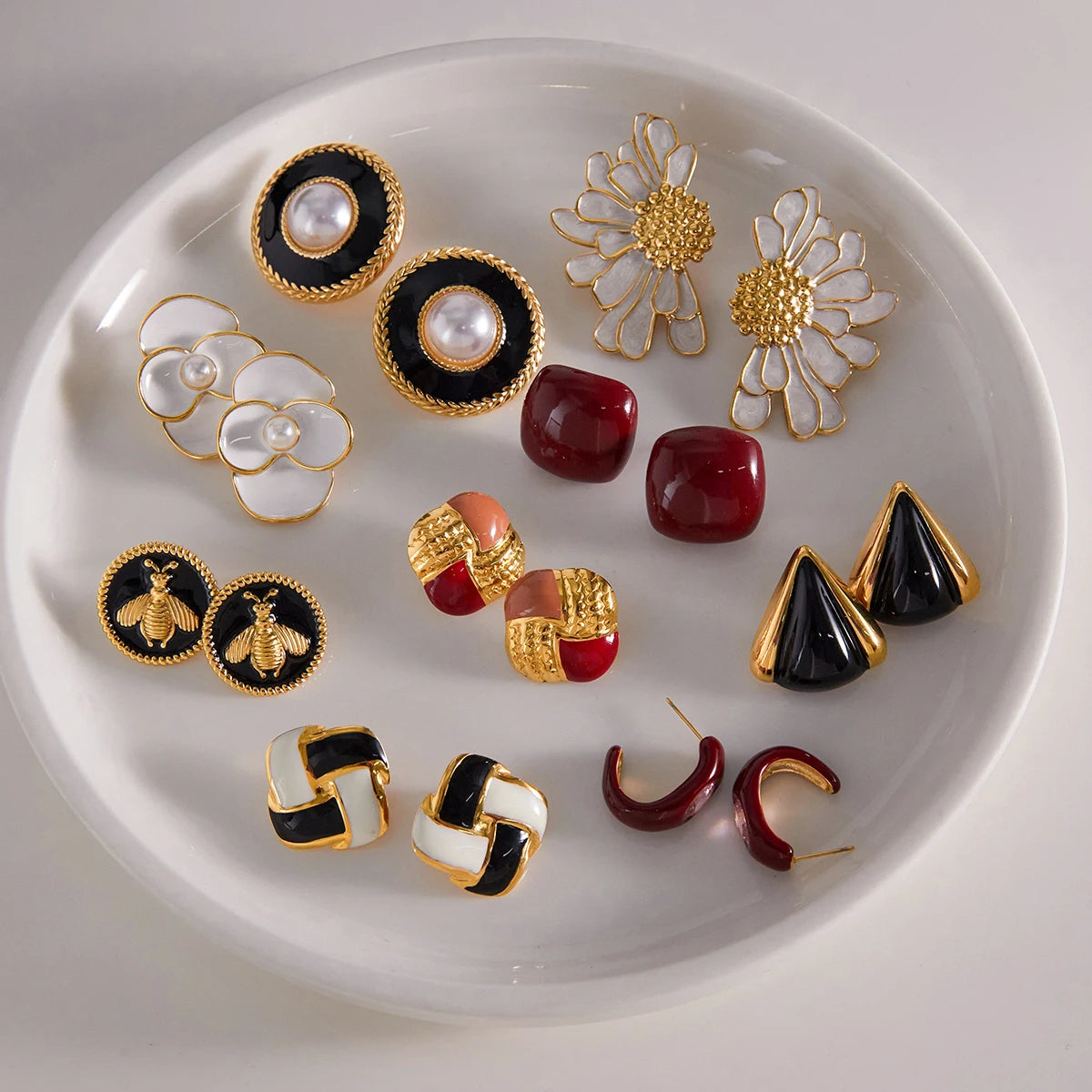 KIKA Vintage Square Red Double Color Drip Oil Ears Studs18K PVD Stainless Steel 316L Gold Color Irregular Drip Oil