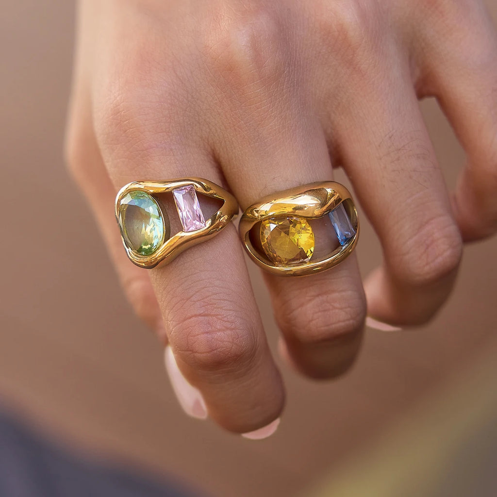 KIKA Chunky Multicolor Big Zircon Hollow Open Ring 18K Gold PVD Plated Stainless Steel 316Lt