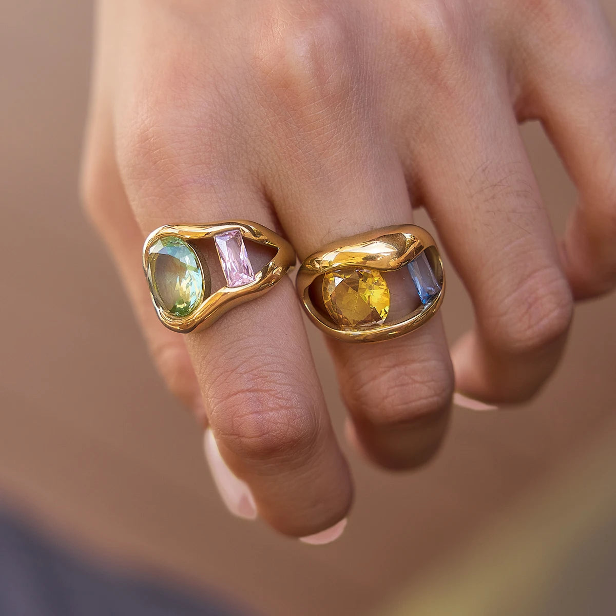 KIKA Chunky Multicolor Big Zircon Hollow Open Ring 18K Gold PVD Plated Stainless Steel 316Lt