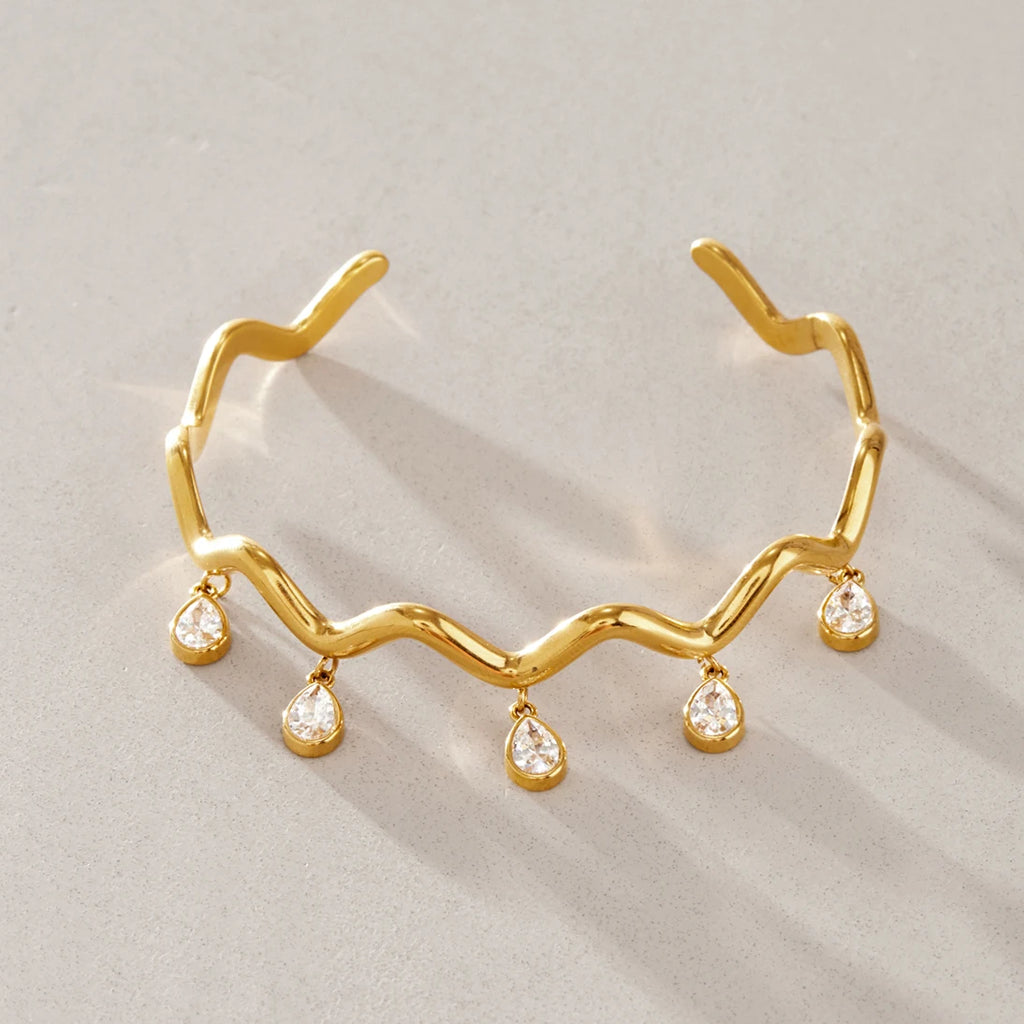 KIKA Water Drop Zircon Wave Shape Cuff Bracelet PVD 18K Gold Plated Stainless Steel 316L